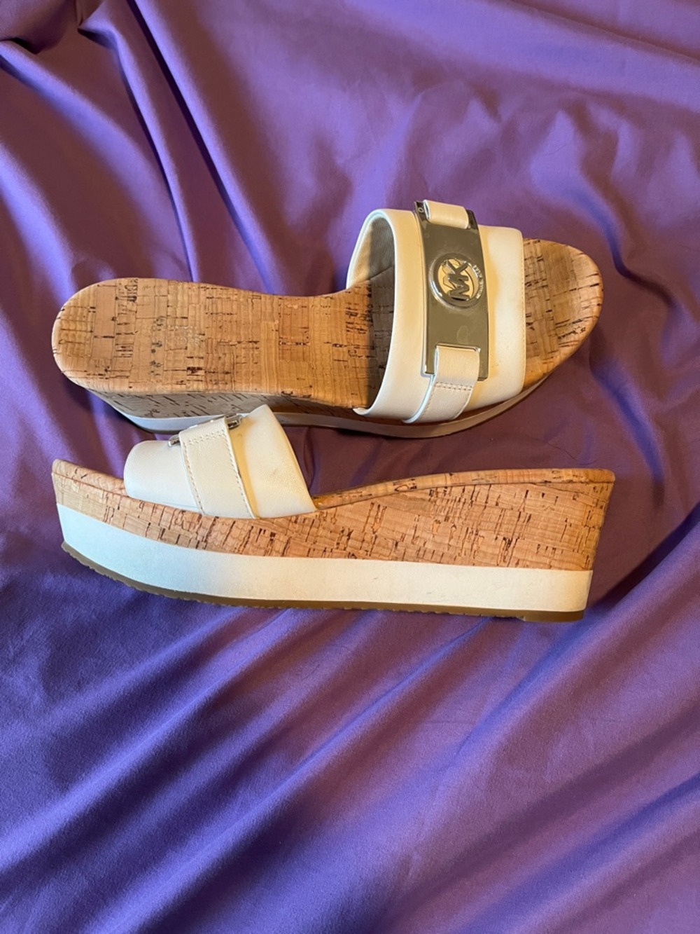 Michael Kors Cream Leather Cork Wedge Slide Sandals